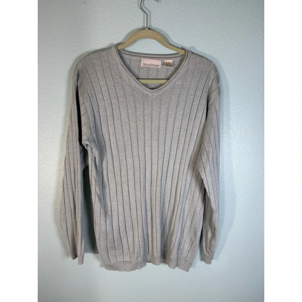 Vintage Blake Manley Sage Green Cable Knit V Neck Sweater Pointelle Ramie Wool L